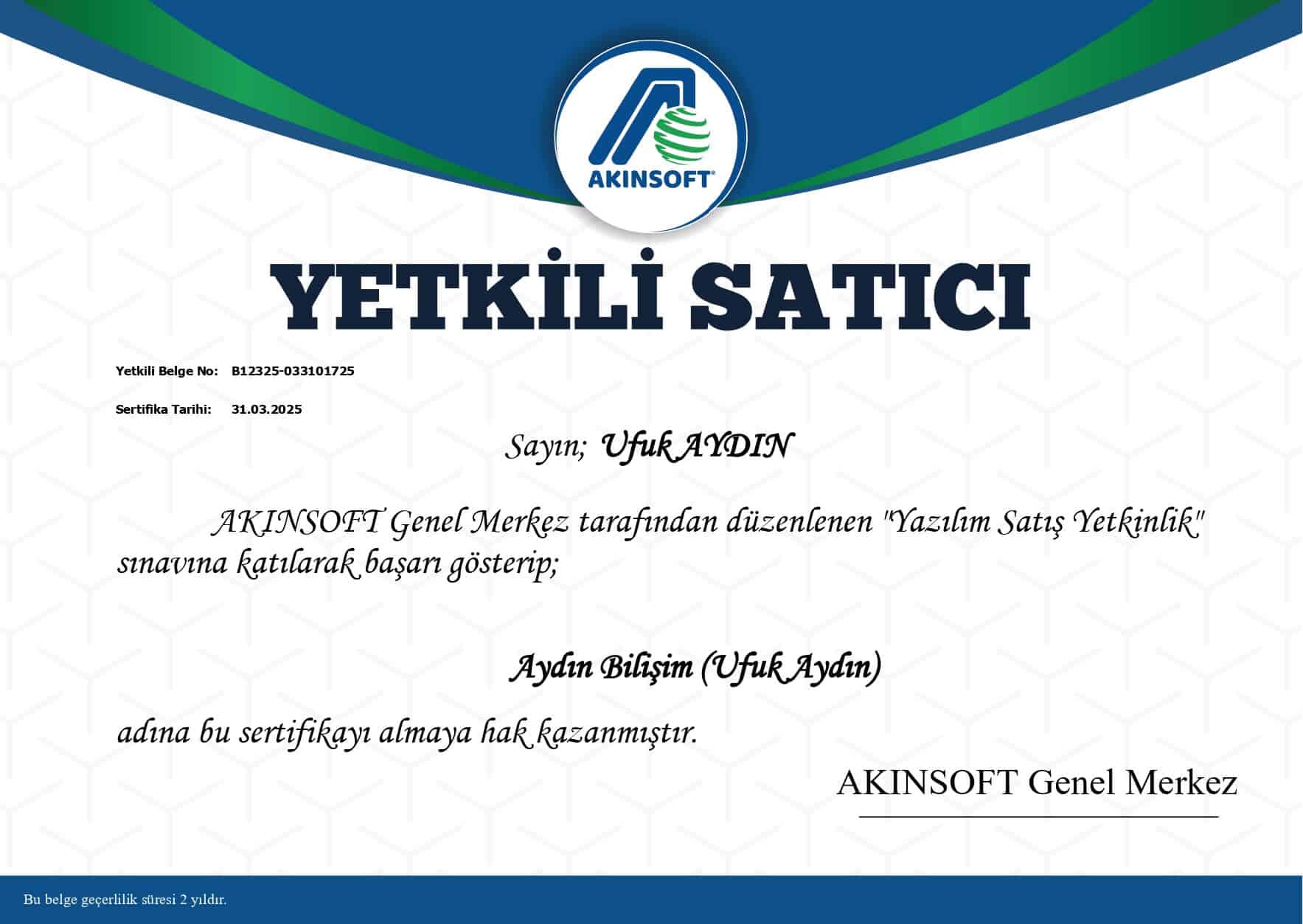 Akınsoft Yetkili Satıcı Sertifikası